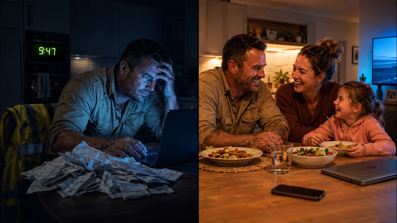Split image: a tradie alone at the kitchen table at 9:47pm surrounded by paper dockets, beside the same tradie laughing at dinner with his family.