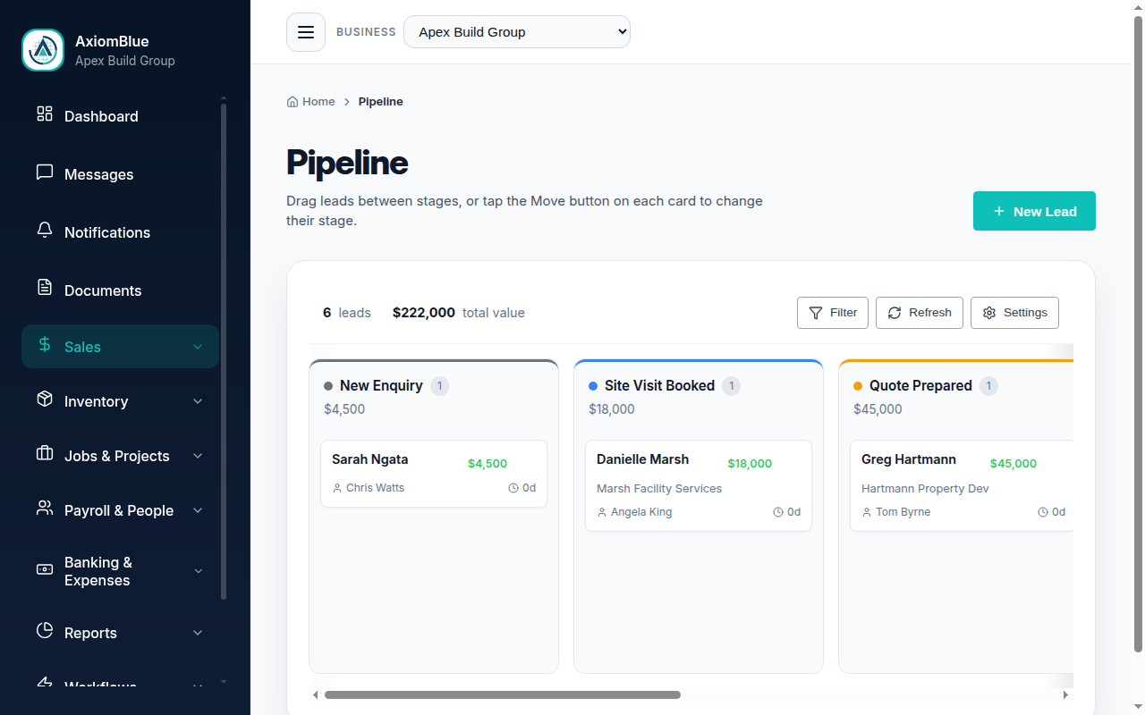 AxiomBlue CRM Pipeline - drag-and-drop kanban board for businesses