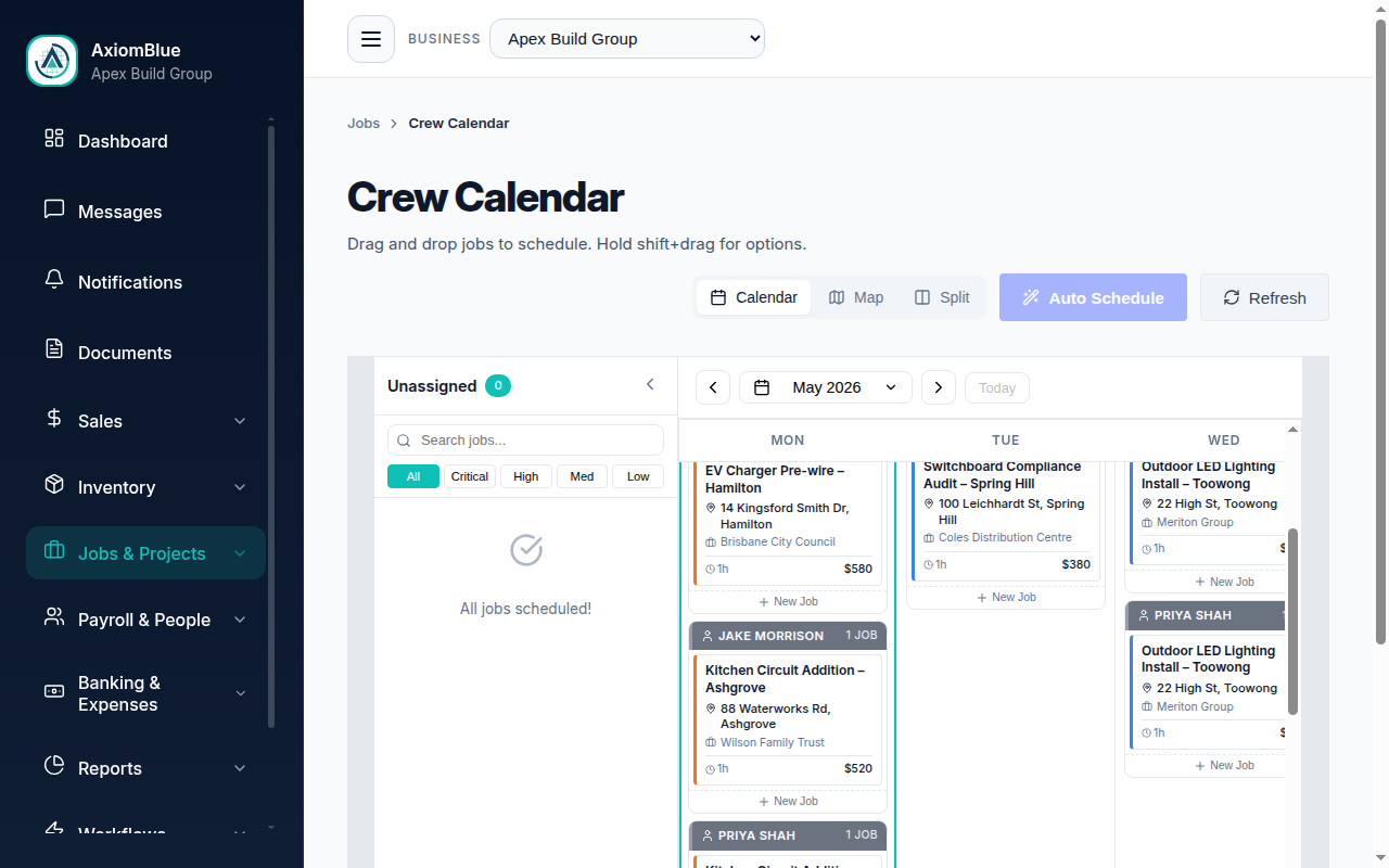 AxiomBlue crew scheduling calendar showing colour-coded job assignments across multiple technicians