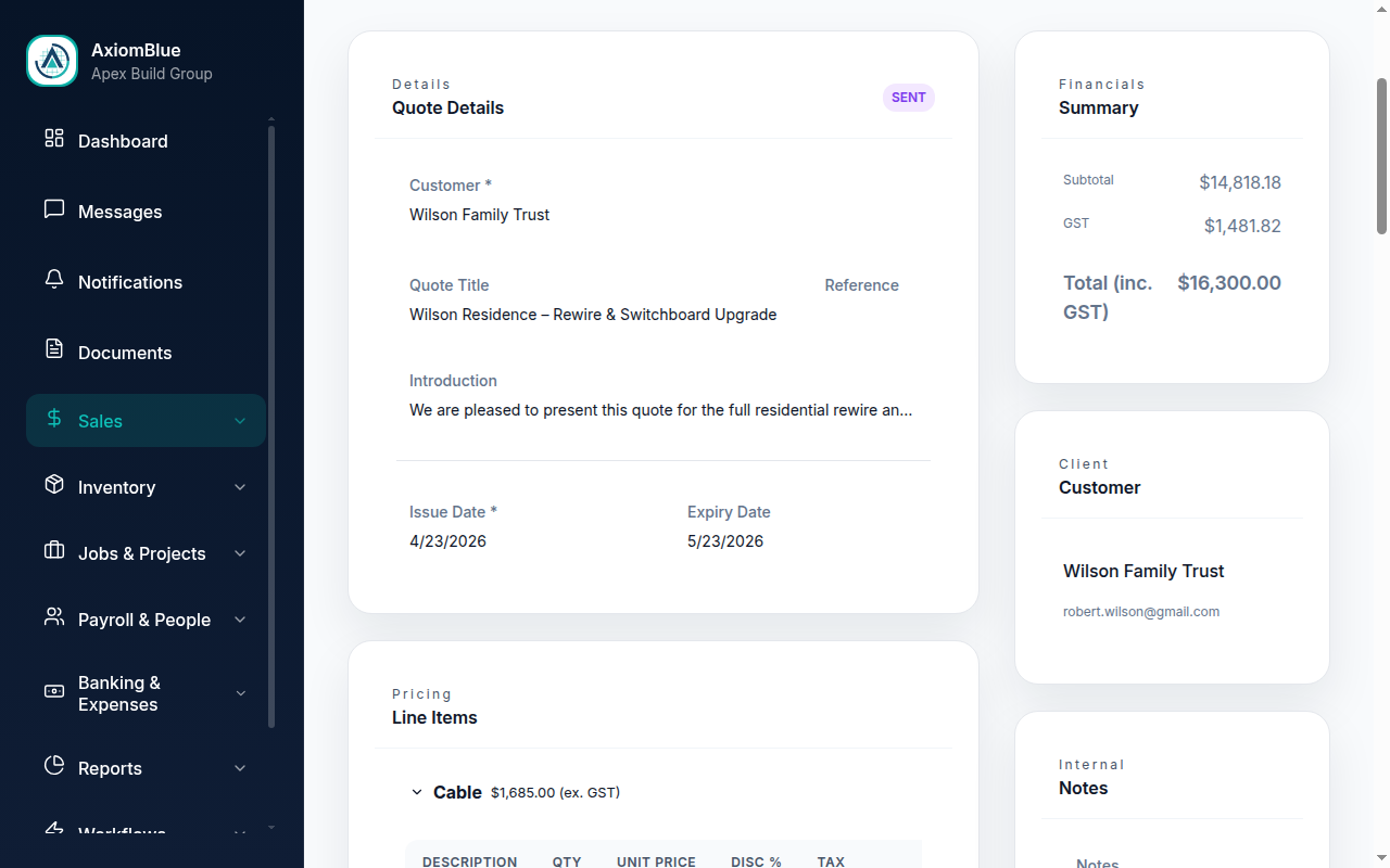 AxiomBlue Quote Editor - professional quoting software for service businesses