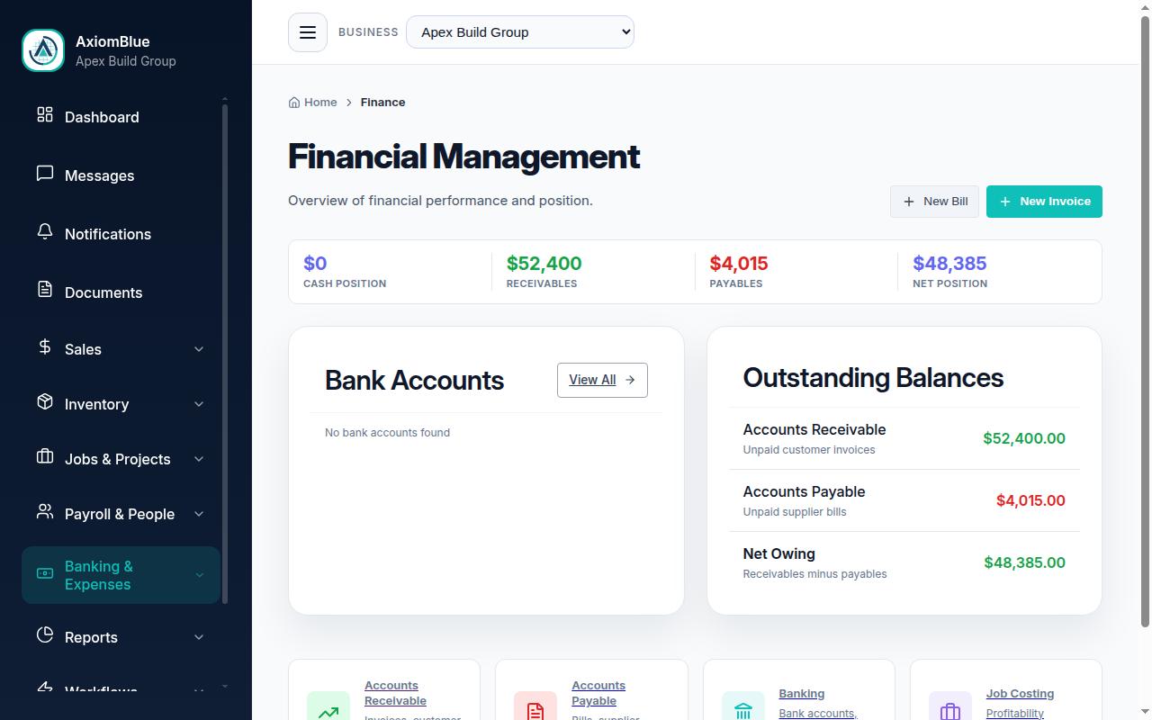 AxiomBlue finance dashboard showing cash flow KPIs, accounts receivable summary, and accounts payable overview