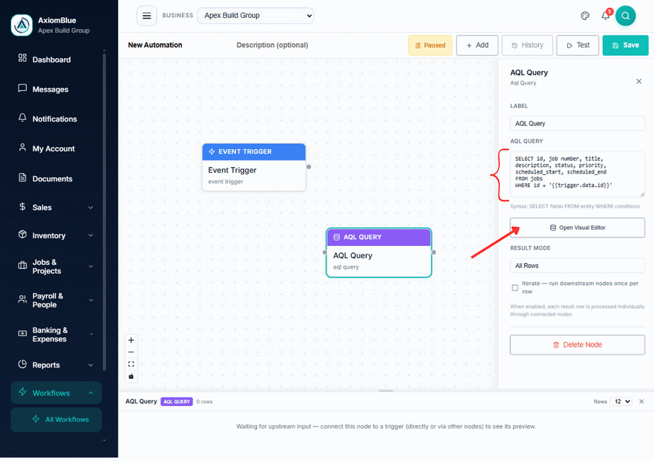 AQL Query node configured to select the completed job’s details, with an Open Visual Editor button