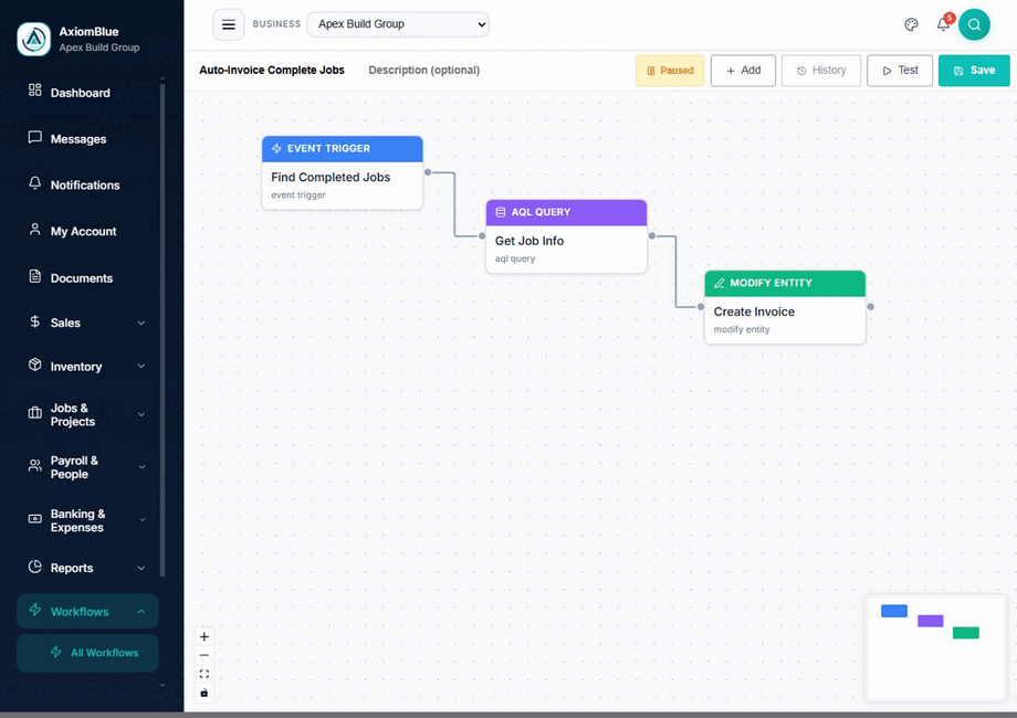 Axiom Blue automation named Auto-Invoice Complete Jobs, connecting a Find Completed Jobs event trigger to a Get Job Info AQL query and a Create Invoice modify entity node