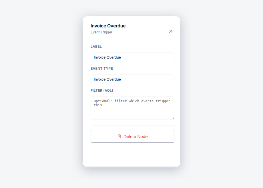 Event Trigger node configuration with the event type set to Invoice Overdue
