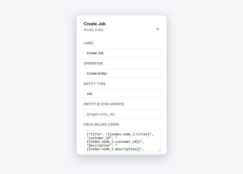 Modify Entity node set to create a Job from the mapped quote data