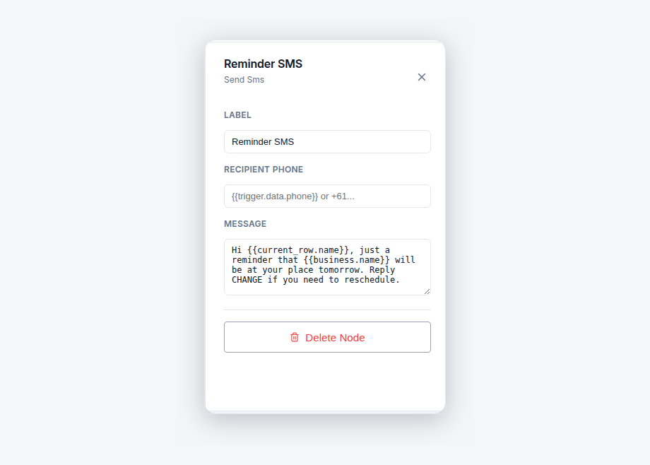 Send SMS node with a per-job reminder message using the current row’s customer name