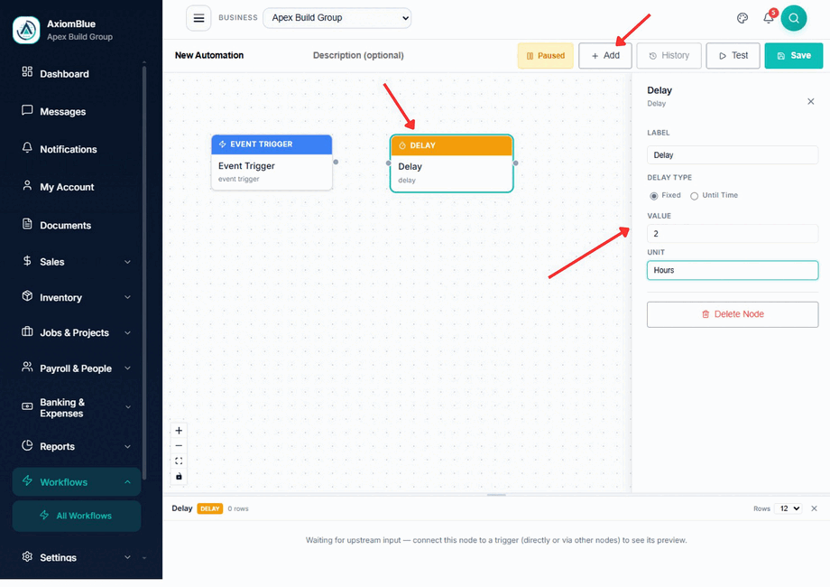 Delay node configuration panel set to a fixed delay of 2 hours
