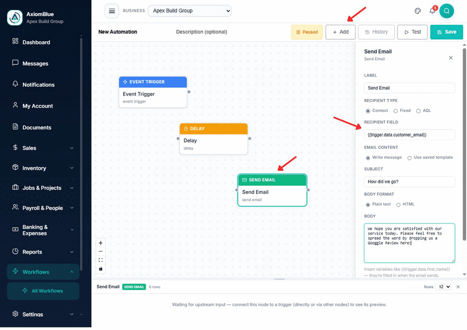 Send Email node configuration panel showing recipient set to the customer email and a subject line that asks how the job went