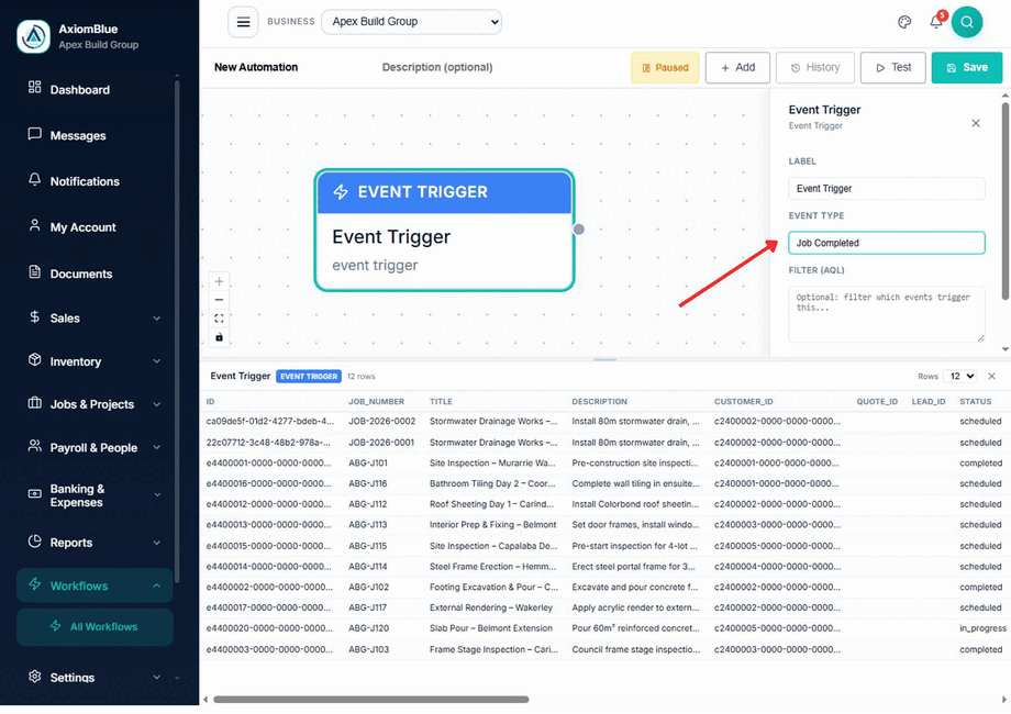 Event Trigger node configuration panel with the event type set to Job Completed, showing a live preview of job records below