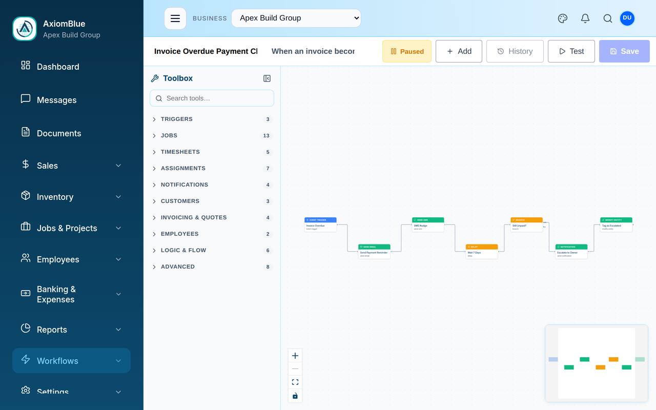 AxiomBlue visual automation workflow editor with trigger and action nodes