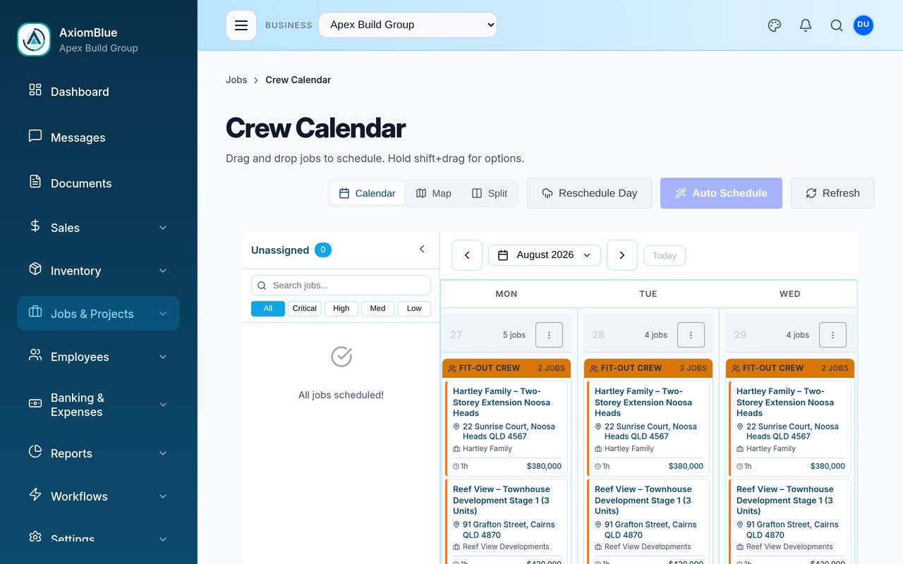 AxiomBlue crew calendar with jobs scheduled across the week per crew member, plus auto-schedule and map views