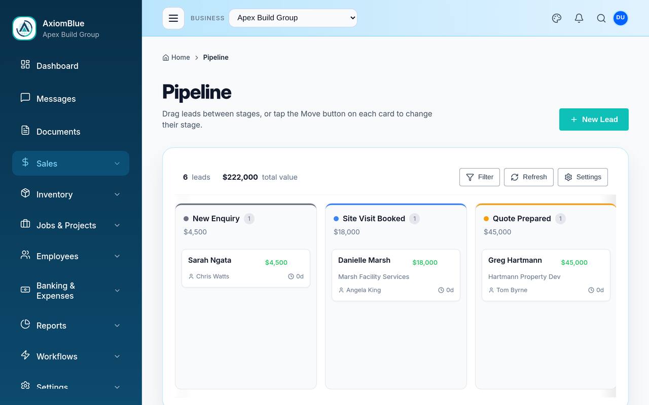 AxiomBlue CRM pipeline board with leads organised by stage