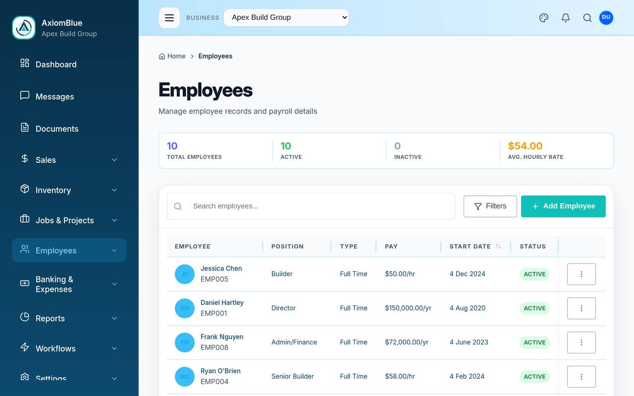 AxiomBlue employees list with position, pay, start date and status for each team member