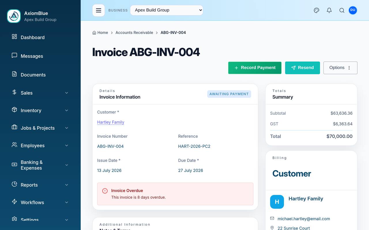 AxiomBlue invoice editor showing lines, totals and payment details