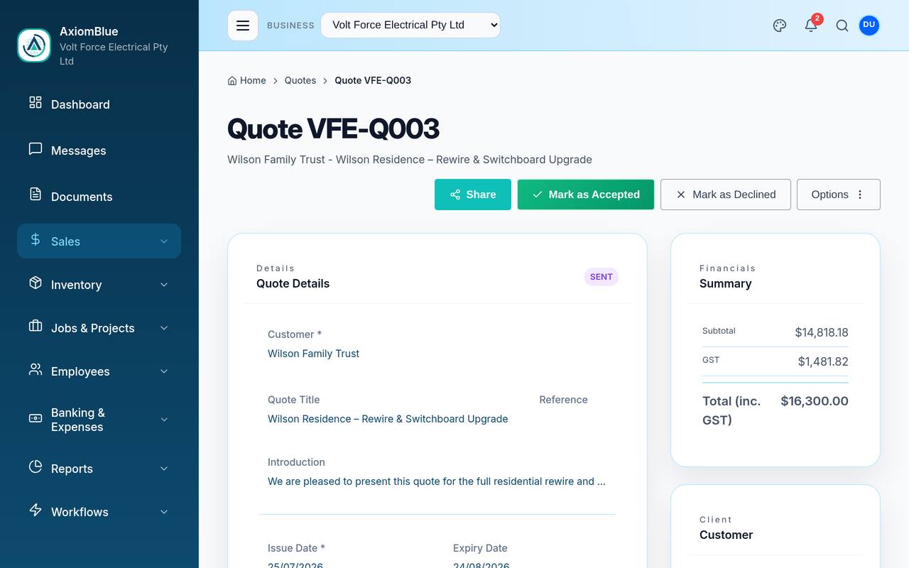AxiomBlue quote editor with itemised lines, totals and GST