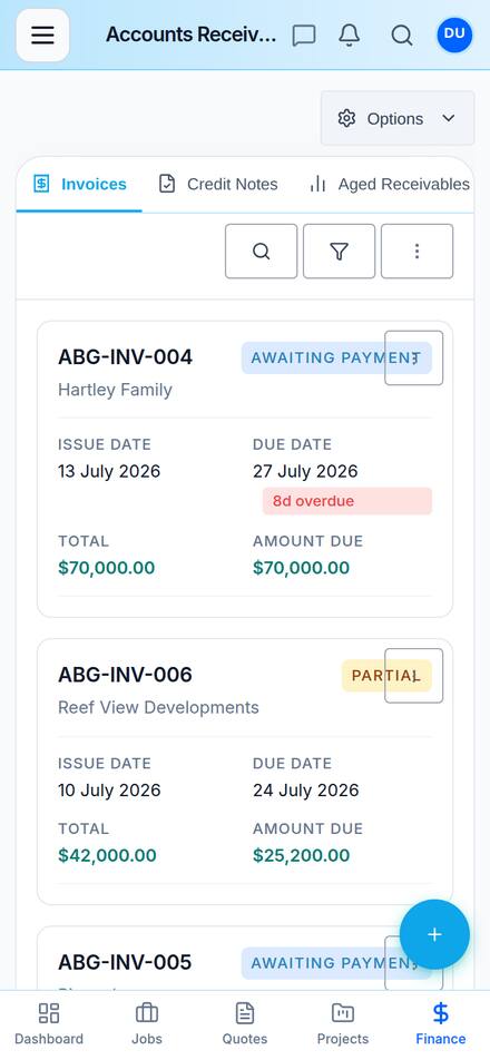 Accounts receivable on mobile with a $70,000 invoice flagged overdue and a partial payment