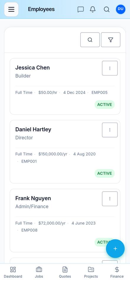 Employee cards on mobile showing role, pay and employment status