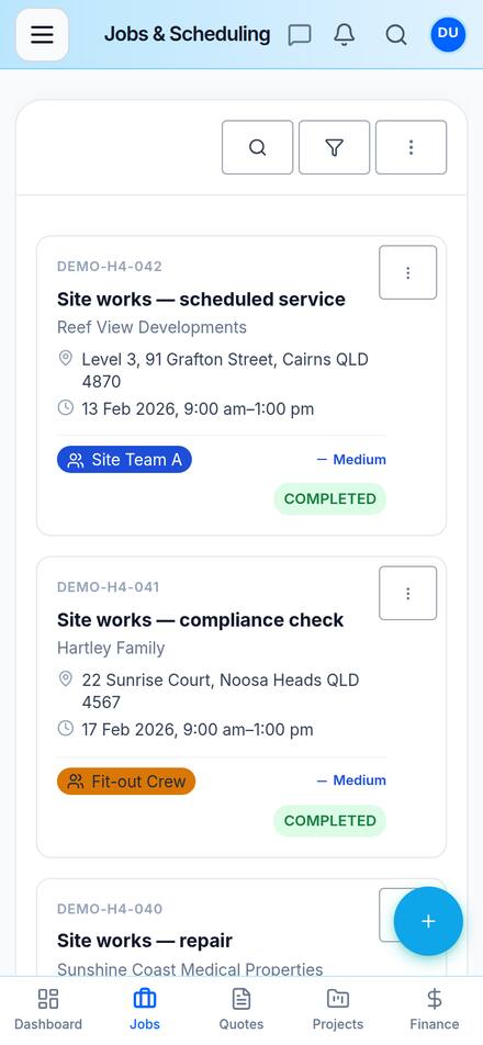 Jobs and scheduling list on mobile showing assigned jobs with status, address and time