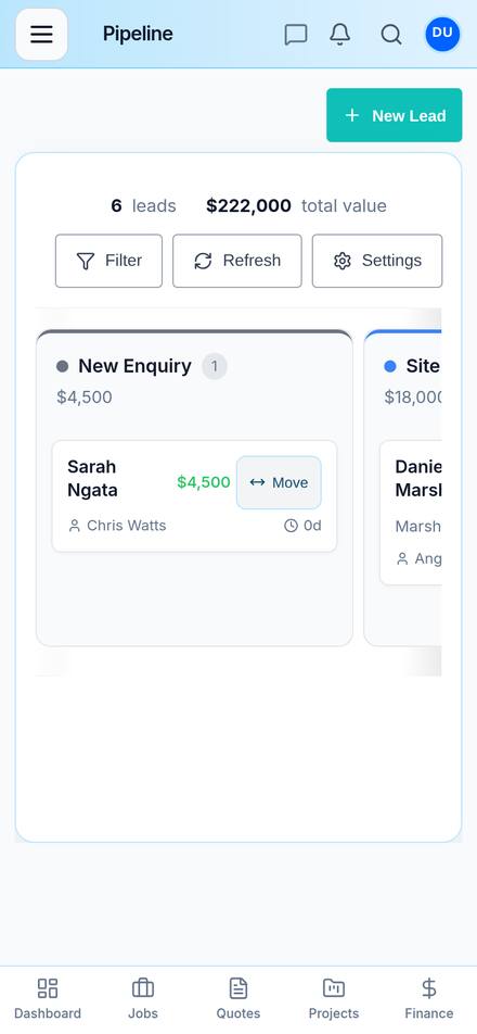 Sales pipeline on mobile showing 6 leads worth $222,000 by stage