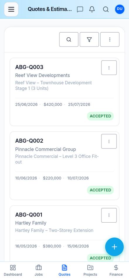 Quotes list on mobile showing accepted quotes with values up to $420,000