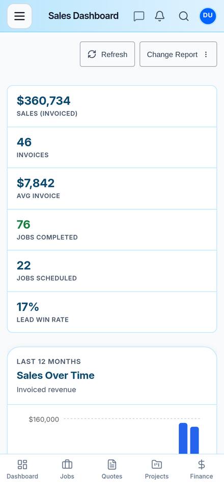 Sales dashboard on mobile with invoiced sales, jobs completed and lead win rate