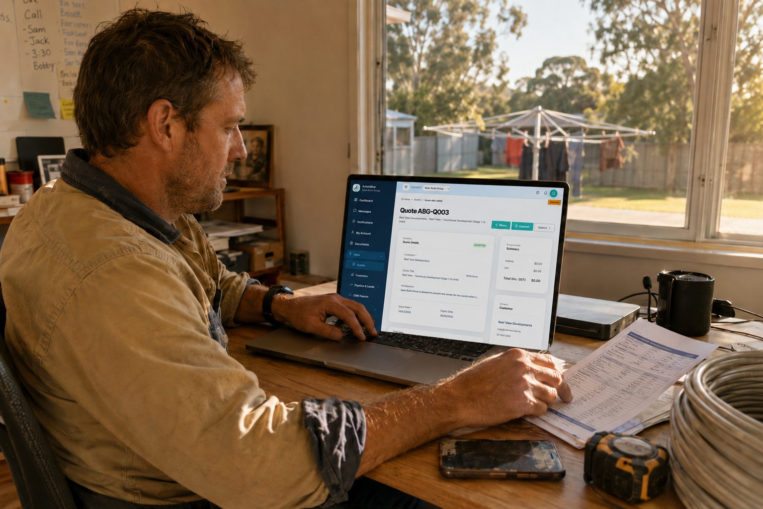 A business owner at the desk reviewing a quote's cost breakdown and projected margin, confident in the numbers