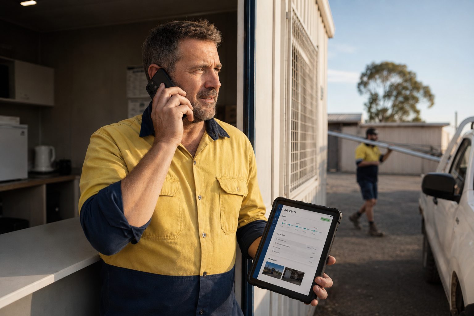 A business owner on site, mid-call, checking a job's status on a tablet with the answer already on screen