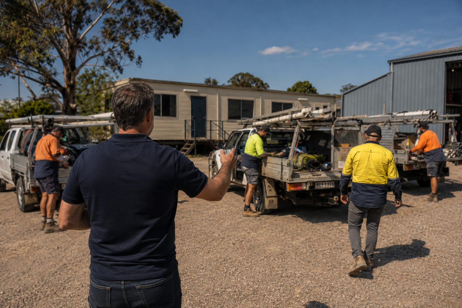 Busy work yard, multiple crews and vehicles, the owner coordinating from a tablet